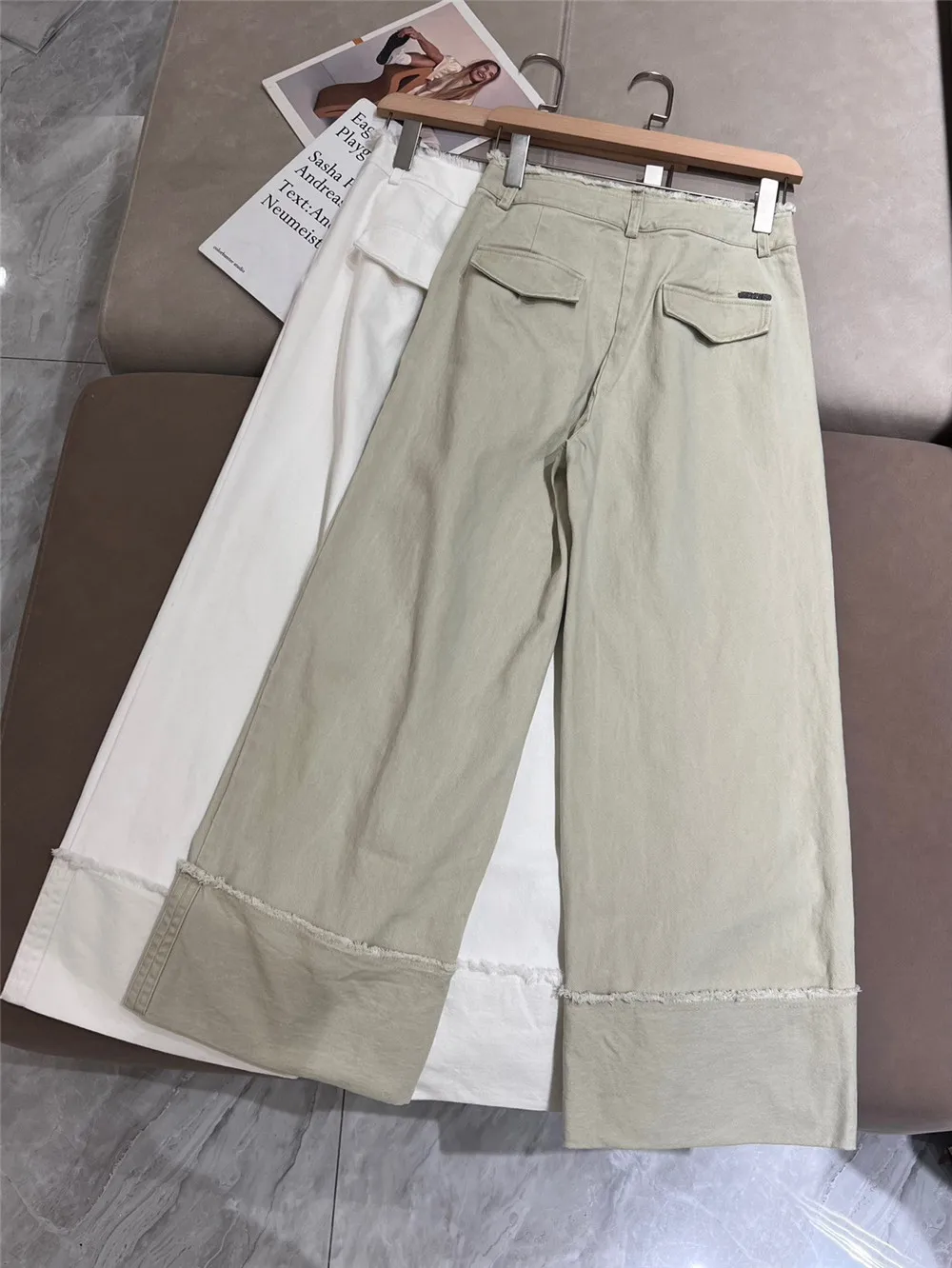 High-Quality Stretch Denim Straight Pants Beading High Waist Wide Leg Trousers For Female Soft Loose