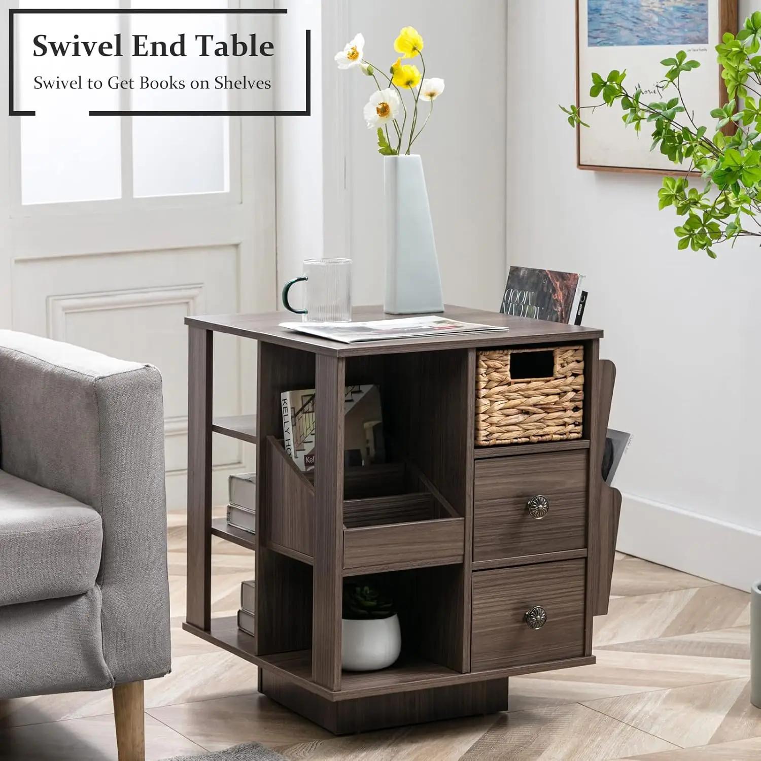 End Table, Modern Farmhouse End Table with Magazine Rack and Drawers, Revolving End Table with Storage for Living Room