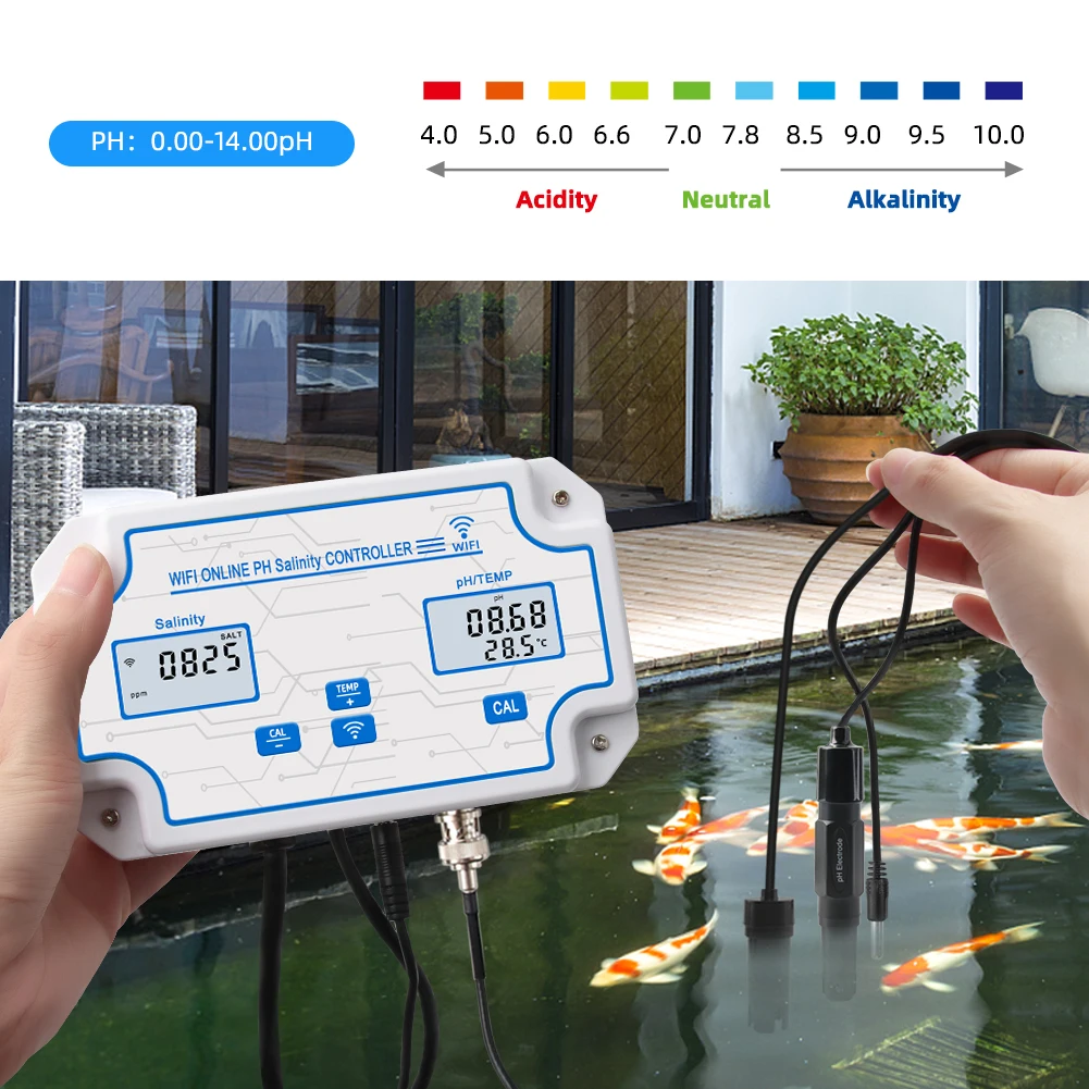 WIFI Online PH Salinity Controller Meter Aquarium Fish Tank Seawater Salt Tester Monitor for Pool Koi Fish Pond With Dual Plug