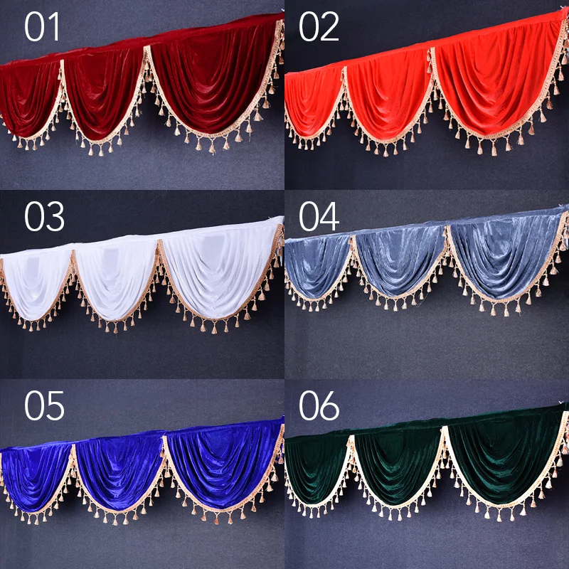 Golden Fringed Edge Velvet Valance Curtains Event Party Valance Panel Decoration Wedding Backdrop Curtain Swag Stage Background