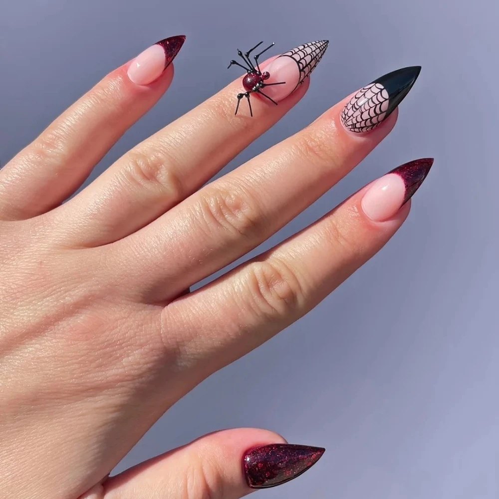 10 Pcs Handmade Press On Nails Halloween French Short Almond Fake Nails Black Punk 3D False Nails Design Art DIY Nails with Set