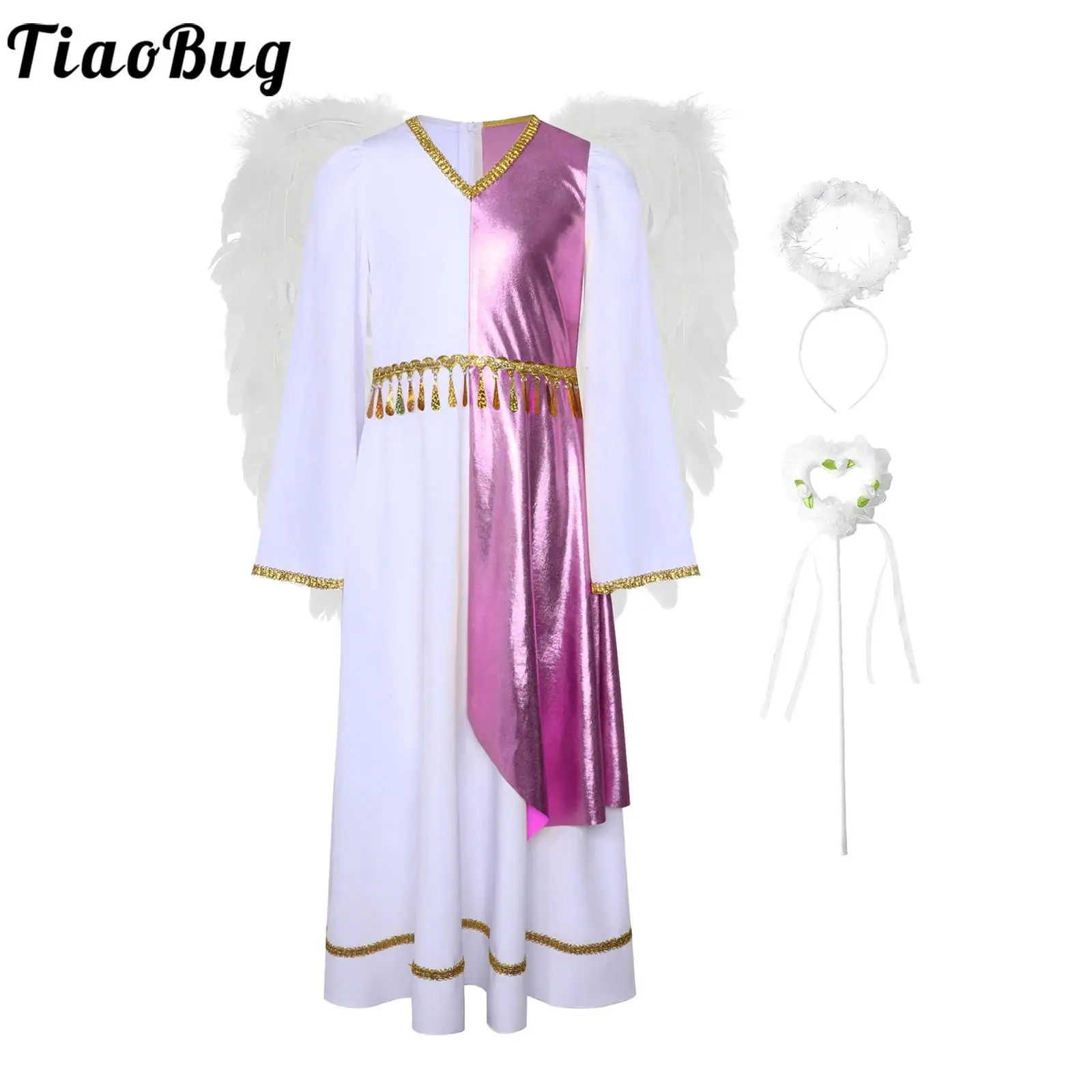 

Girls Angel Fancy Dress Up Costume Outfit Fairy Cosplay Sets Golden Trim Patchwork Flared Sleeve Praise Dress And Headband
