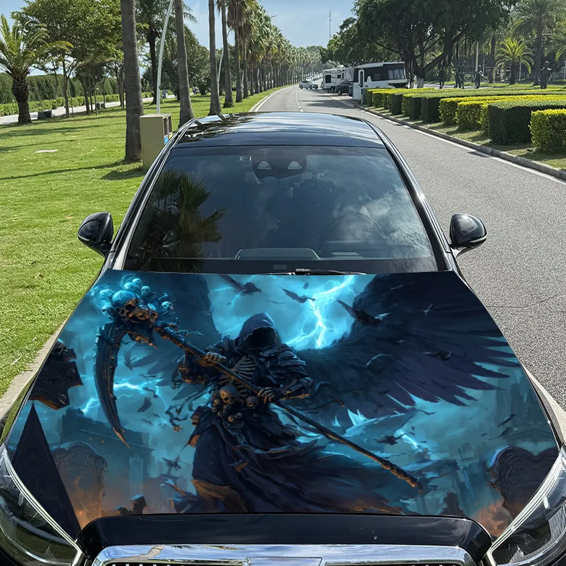

Black - Winged Grim Reaper Under Lightning Car Vinyl Wrap, PVC Material Waterproof Car Hood Sticker, Self-Adhesive Scratch-Resis