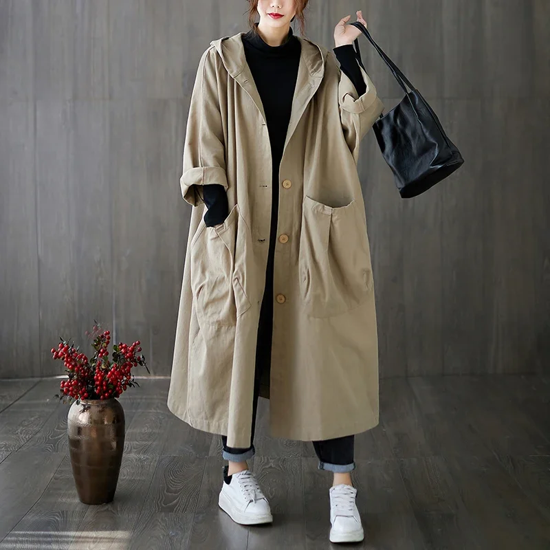 Woman Long Coat Fashion Korean Windbreaker Big Size Ladies Trench  Autumn Hooded Loose Pockets Cardigan Women Long Coat A287