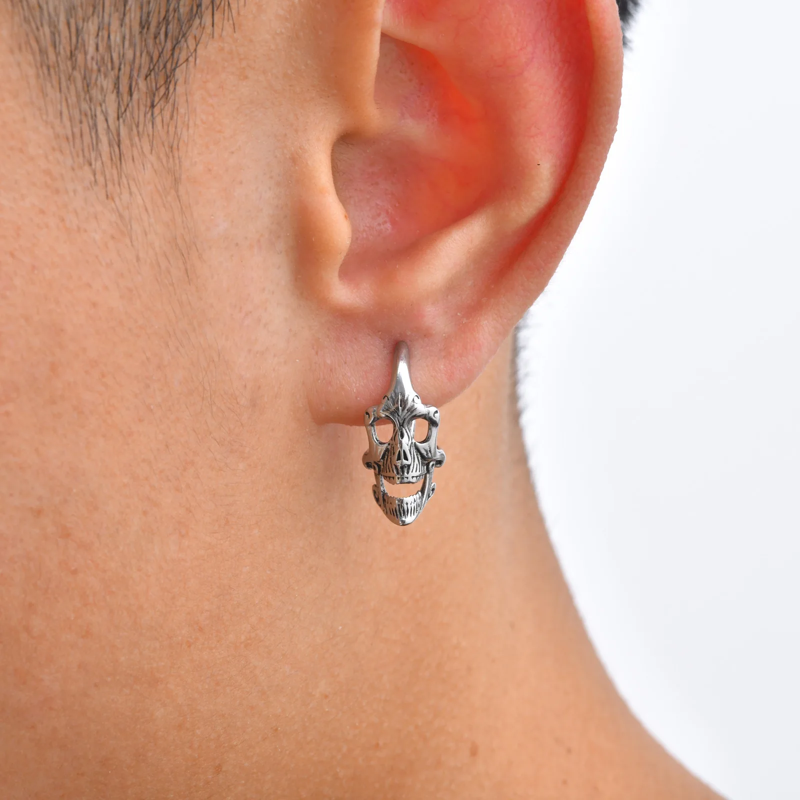 Vnox Gothic Skull Huggie Hoop Earrings for Men Him, Stainless Steel Punk Hollow Skeleton Rock Halloween Vintage Ear Jewelry Gift