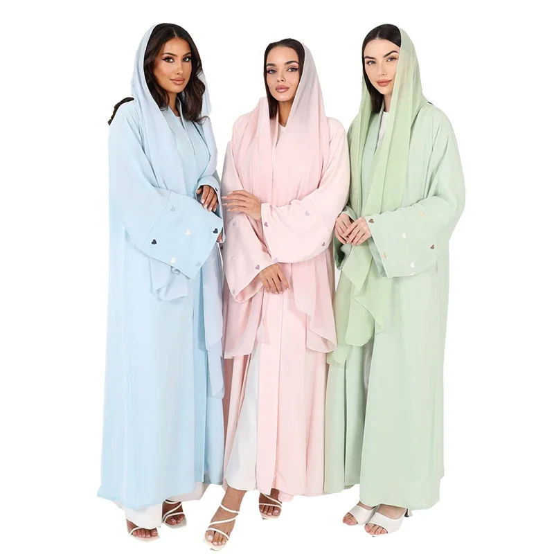 Dubai Embroidery Heart Abaya Open Kimono Women Cardigan Maxi Dress Muslim Turkey Kaftan Arabic Gown Eid Ramadan Islamic Jalabiya