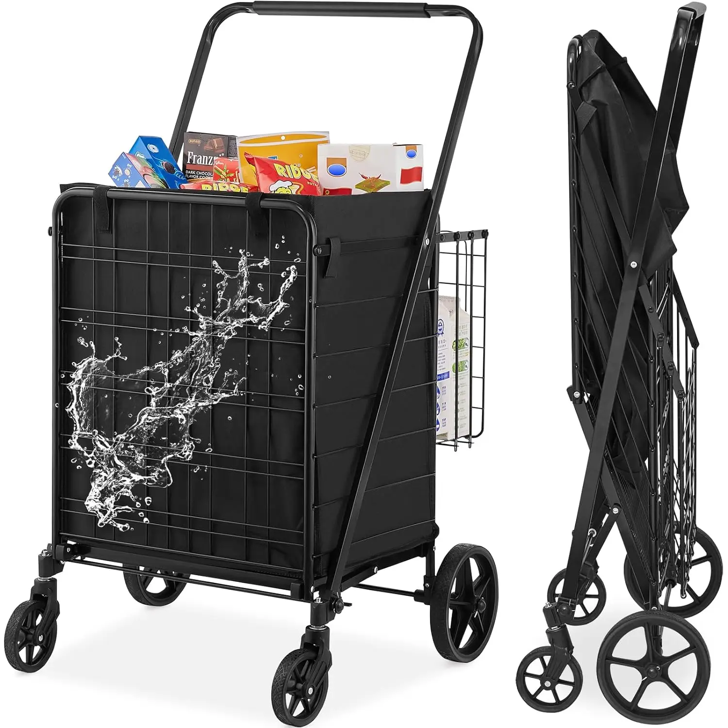 Heavy Duty Collapsible Wagon Foldable Utility Cart 330LBS/150KG Capacity Portable Hand Truck with Dual Baskets 360° Swivel Wheels 600D Oxford Liner Pre-Assembled Space-Saving Trolley for Outdoor Camping Beach Garden Shopping