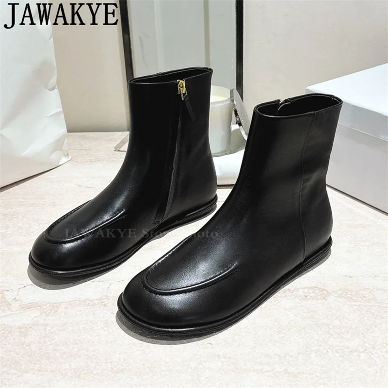 Genuine Leather Motorcycle Boots Women Round Toe Side Zipper Flats Punk Boots 2024 Winter New Luxury Casual Fashion Week Boots