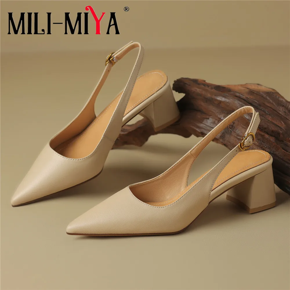 MILI-MIYA New Arrival Plus Size 34-43 Women Cow Leather Slingback Pumps Pointed Toe Buckle Strap Solid Color Dress Party Shoes