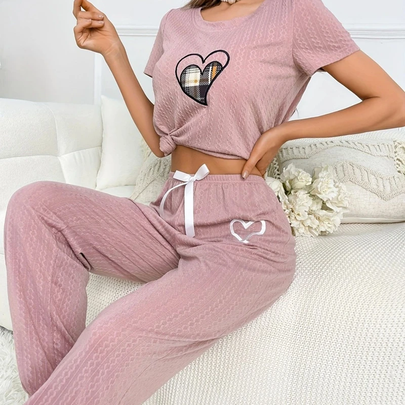 

Пижамный комплект из 2 предметов с принтом сердца, топ с короткими рукавами и бантом, длинные брюки, дышащая ткань, мягкая на ощупь женская одежда для сна, домашняя одежда
