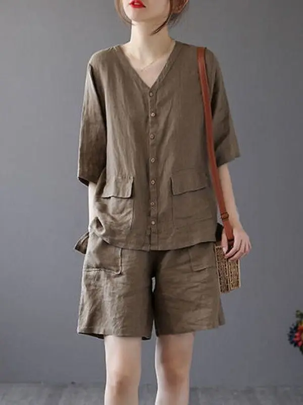 

Retro Cotton Linen Set Women's Shirt Casual Wide Leg Shorts Two Piece Summer Outfit Comfortable Breathable Commute Fashion