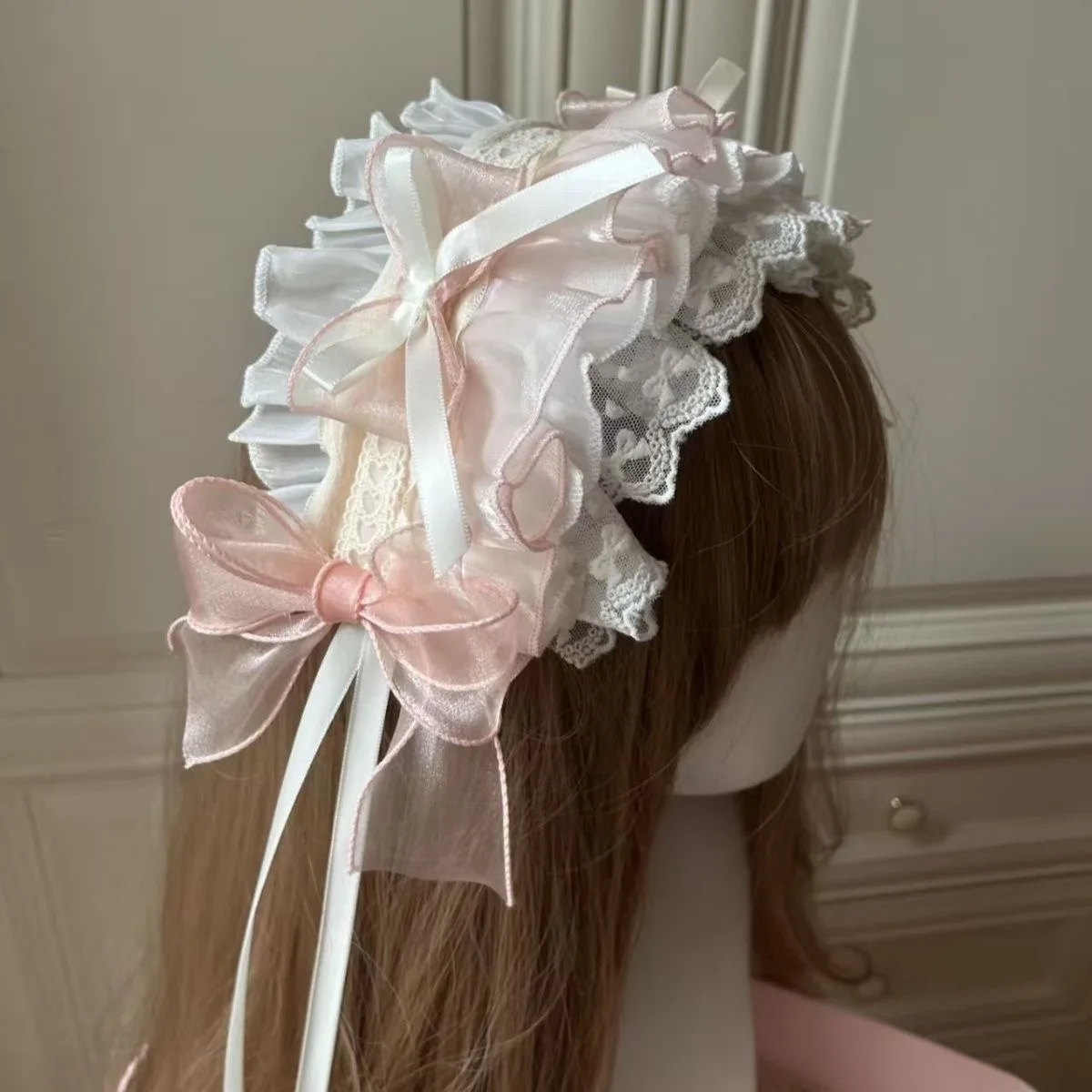 Lolita Ruffled Headband Sweet Pink Bowknot Lace Ribbon Bow Hairband with Hairpins Anime Maid Cosplay Headdress