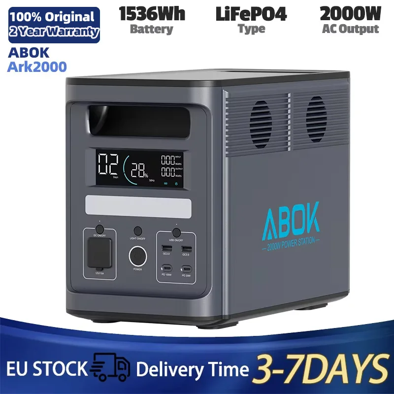 Station d'alimentation ABOK Ark2000 1536Wh avec batterie LiFePO4, générateur solaire 2000W AC pour la maison, le camping en extérieur et l'alimentation nomade, avec application