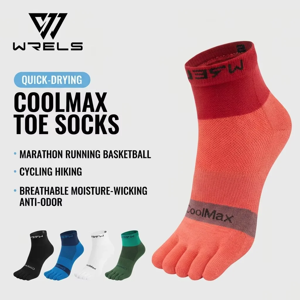 WRELS Coolmax Running Socks Toe Socks Breathable Five Finger Socks Anti Blister Quick Dry Cushioned Men Women Athletic Socks