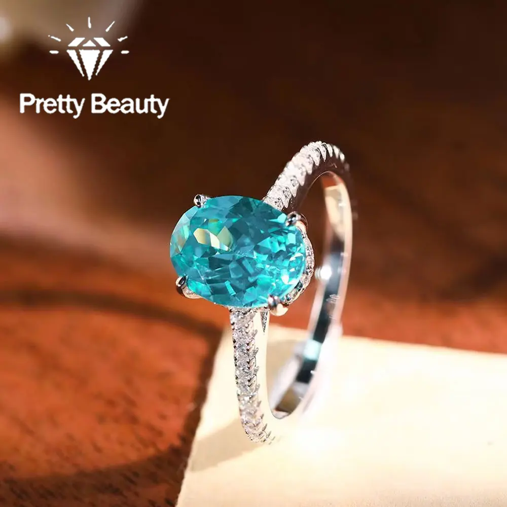Pretty Beauty 2CT Oval Paraiba Ring for Women 925 Silver Neon Blue Green Gemstone Engagement Ring with Moissanite Accent Jewelry