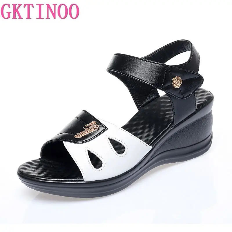 GKTINOO Summer Woman Leather Shoes Soft Outsole Open Toe Sandals Casual Wedges Women Shoes 2024 New Fashion Women Sandal