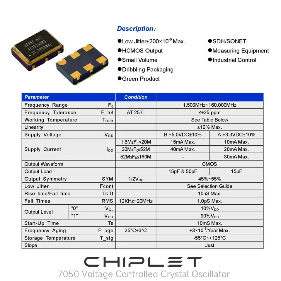 مذبذب كريستال VCXO 7050 5070 الجهد المتحكم فيه 5*7 6P مذبذب نشط مصلحة الارصاد الجوية 19.44 م 25 م 35.328 م 50 م 61.44 م 74.25 م 156.25 م