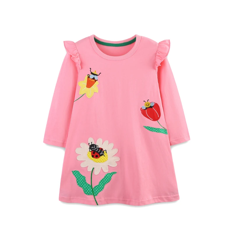 Europe and America wind girls long-sleeved dress autumn new flying sleeves round neck princess dress fashion stickers cloth girl