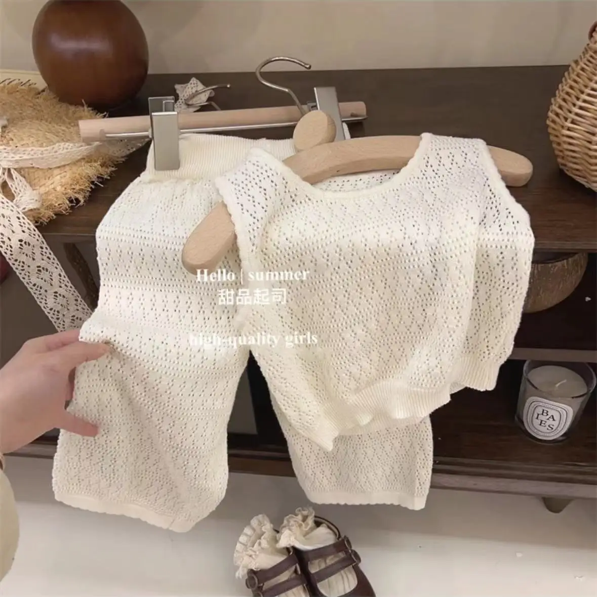 

Girls' set summer thin style western-style knitted set children's hollow vest wide leg pants two-piece set