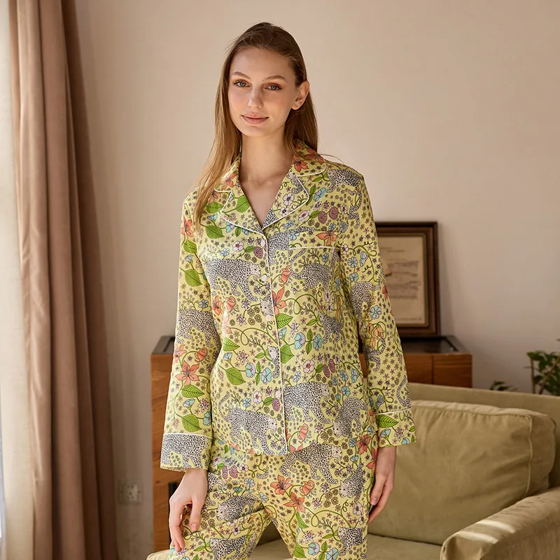 HELLOMARCEL EU US Size Luxury Quality Double-Layer Gauze Home Wear Long-Sleeved Long Pants Suit Women Autumn Pajamas