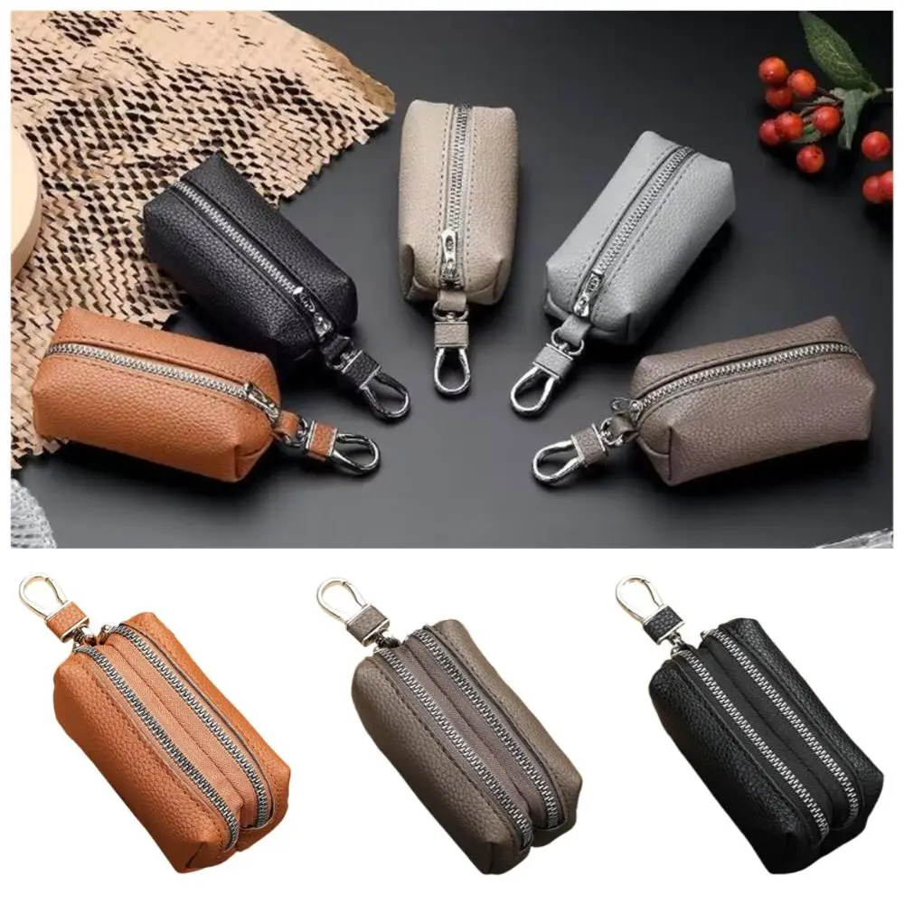 

Single/Double Zipper Key Storage Bag Classic Simple PU Leather Wallet Car Key Ring Solid Color Coin Purse Keychain Travel