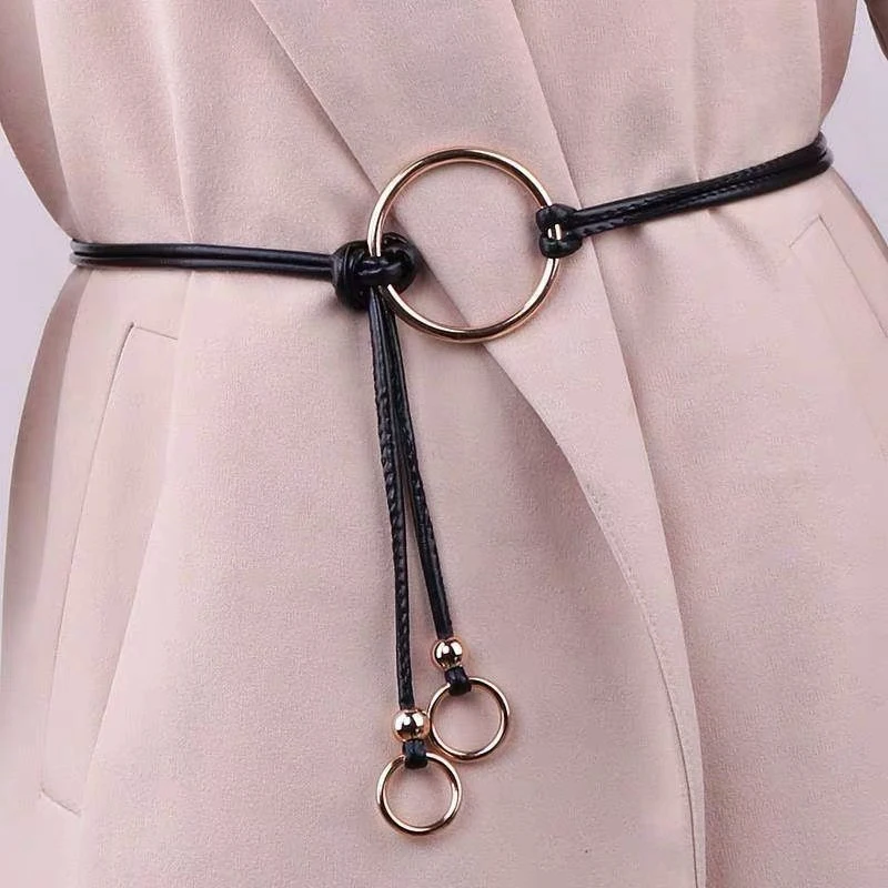 Retro PU Round Ring Belt Waist Chain Versatile Women Leather Waist Rope Metal Ring Waistband Jeans Dresses Clothing Accessories