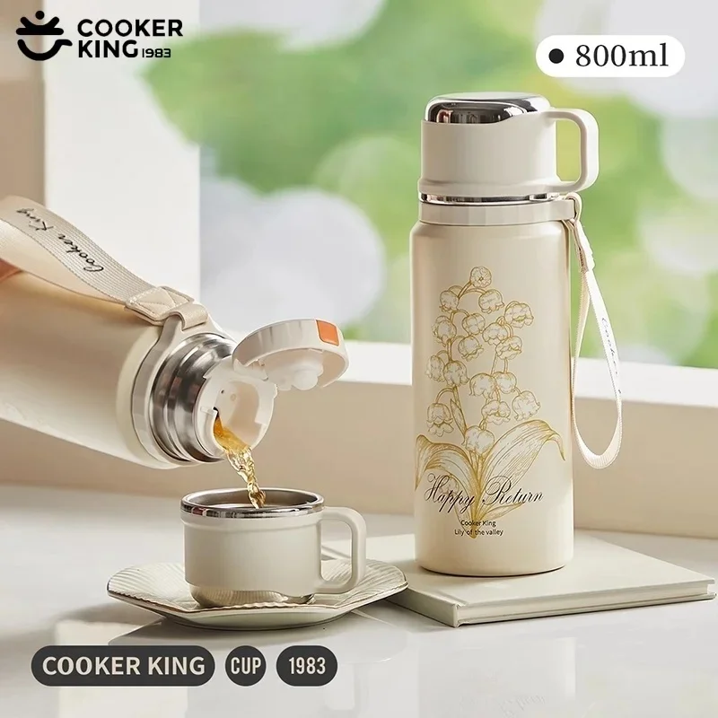 COOKER KING Thermos Water 600ml/800ml  Bottle Flower Pattern Tea Cup Stainless Steel Insulated Cup with Tea Strainer Tea Maker view 2