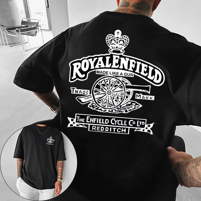 Retro Vintage Classic Royal Enfield Motorcycle Gun Logo Premium Biker T-Shirt Summer Short Sleeve Casual Fashion Unisex Top Tees