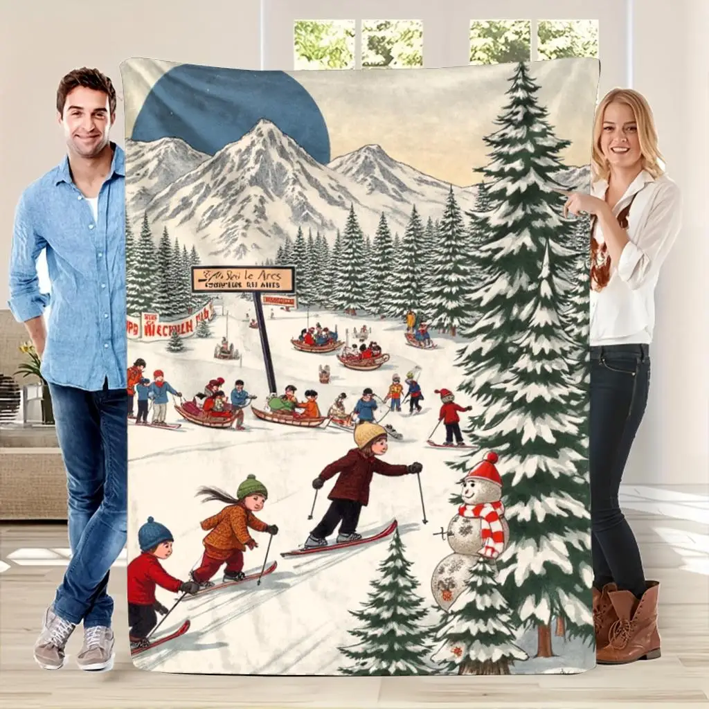 Cozy Vintage Ski Slope Blanket Throw Christmas Winter Snow Mountain Scene Fleece Decorative Throw for Sofa Living Room