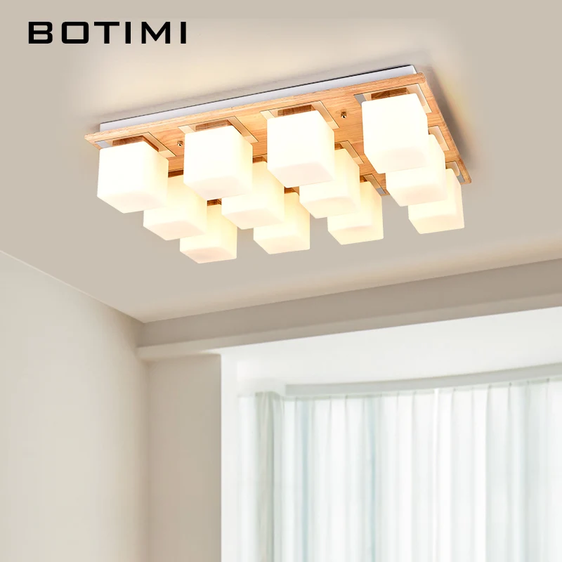 BOTIMI Square Solid Wood Ceiling Lights For Living Room Japanese Style Wooden Nordic Lustres Cube Surface Mounted Bedroom Light