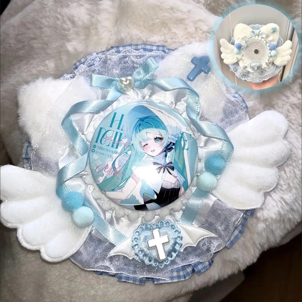 58MM Plush Ear Anime Badge Display Base Lacework Handmade Anime Itabag Display Holder with Wings Colorful