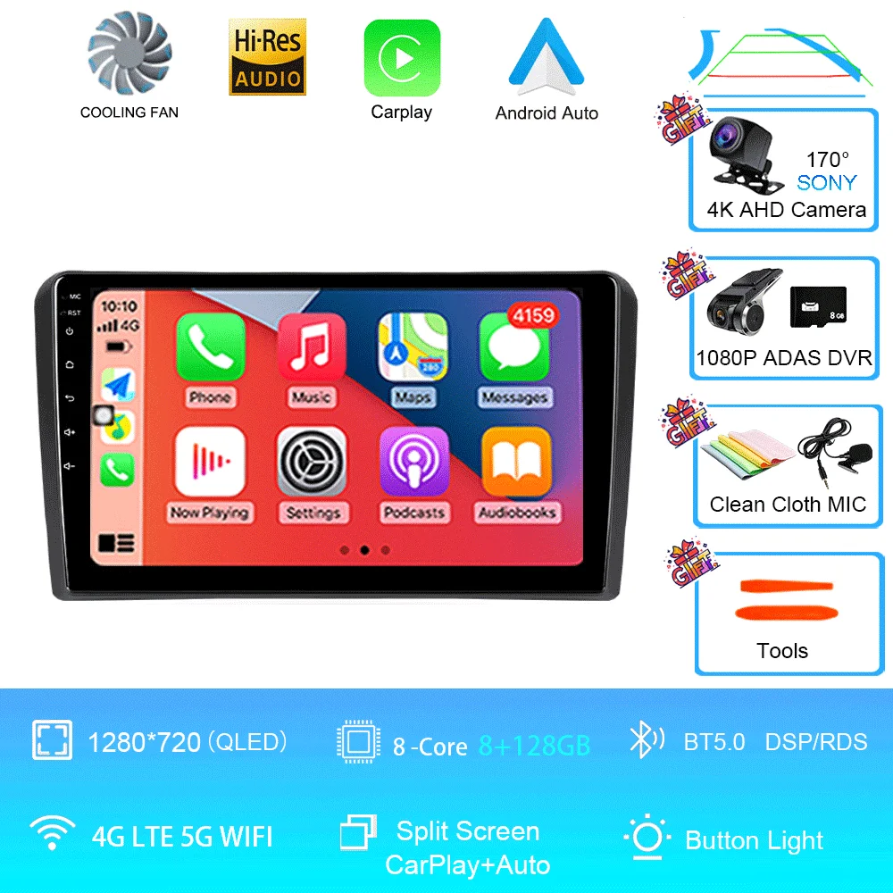 Android 16 Carplay Auto voor Audi A3 8P 2003-2013 autoradio 2din multimediaspeler GPS navigatie audio stereo DSP 360 camera 4G