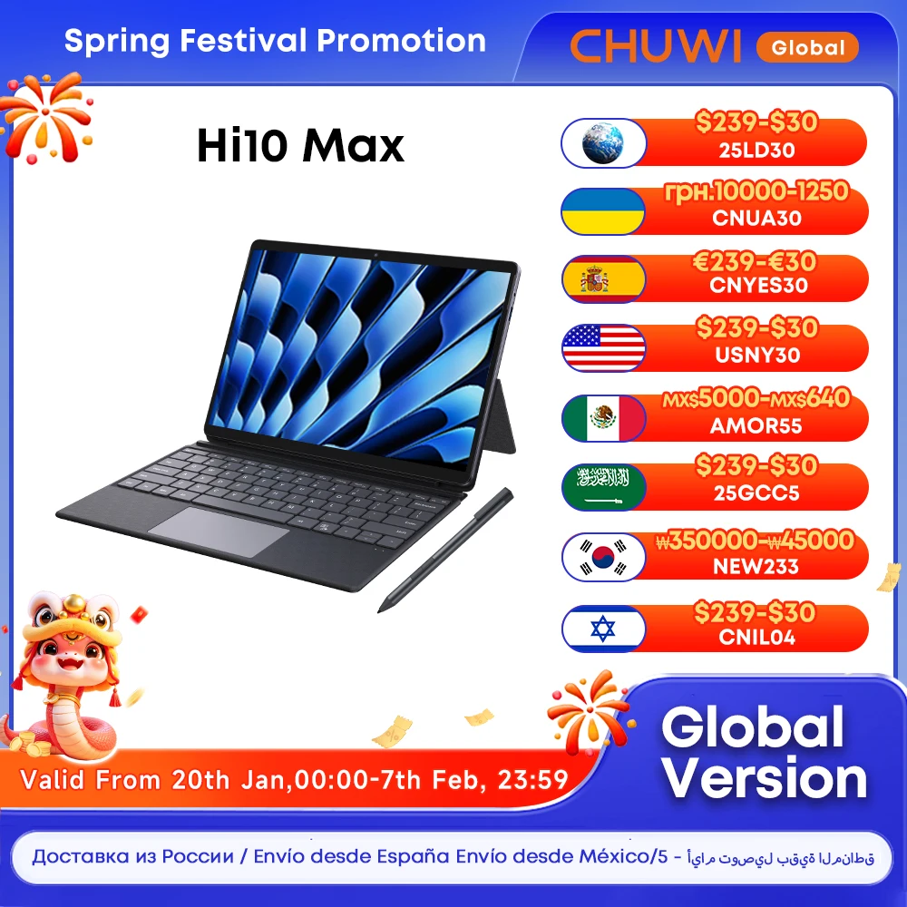 CHUWI Hi10 Max 2-in-1 tabletlaptop Intel N100 12,96 inch touch 3K IPS-scherm 12 GB DDR5 512 GB SSD-tablets Windows 11 PC 2024