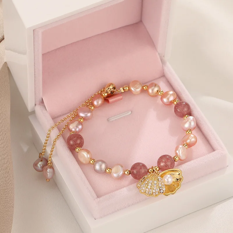 100 % rosa Süßwasserperle und Erdbeerquarz, trendiges Muschel-Design, 14 Karat Gold gefüllt, weibliche Charm-Armbänder für Frauen, Geschenke – Detail 3