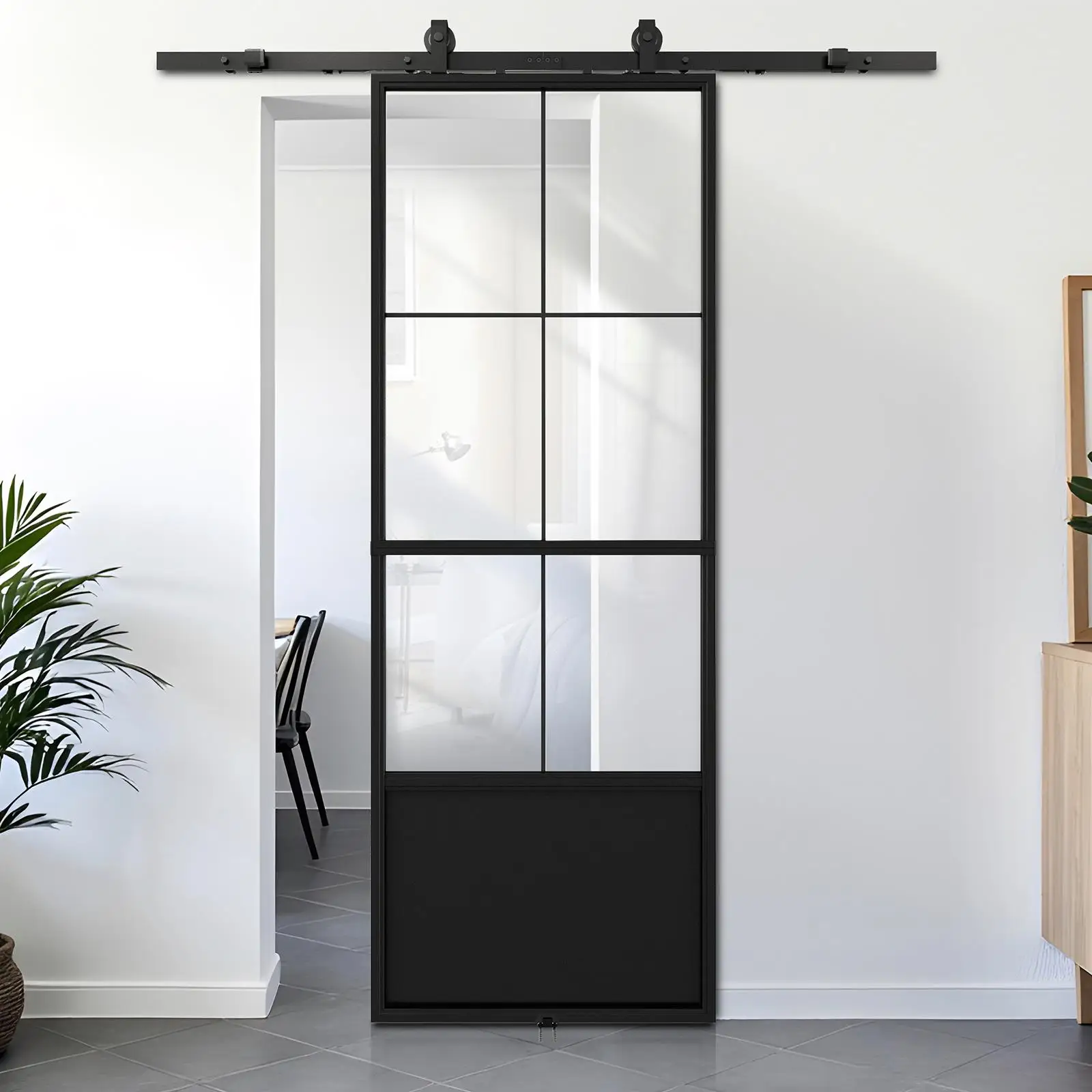 30x84 in. Glass Sliding Barn Door with 5FT Hardware Kit & Soft Close, Black Steel Frame, Easy DIY Assembly