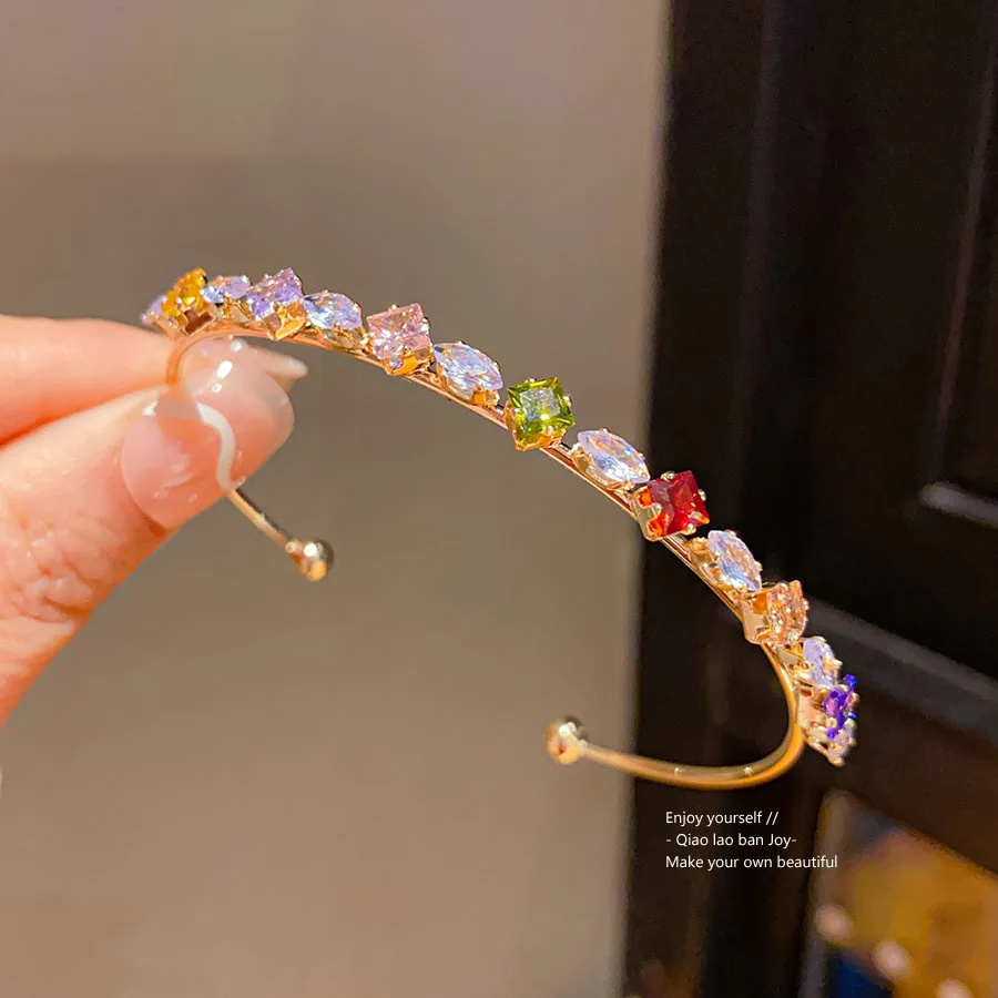 Rainbow Cubic Zirconia Gold Color Bangles Adjustable Sparkling CZ Crystal Bracelet Fashion Female Wedding Jewelry Gift