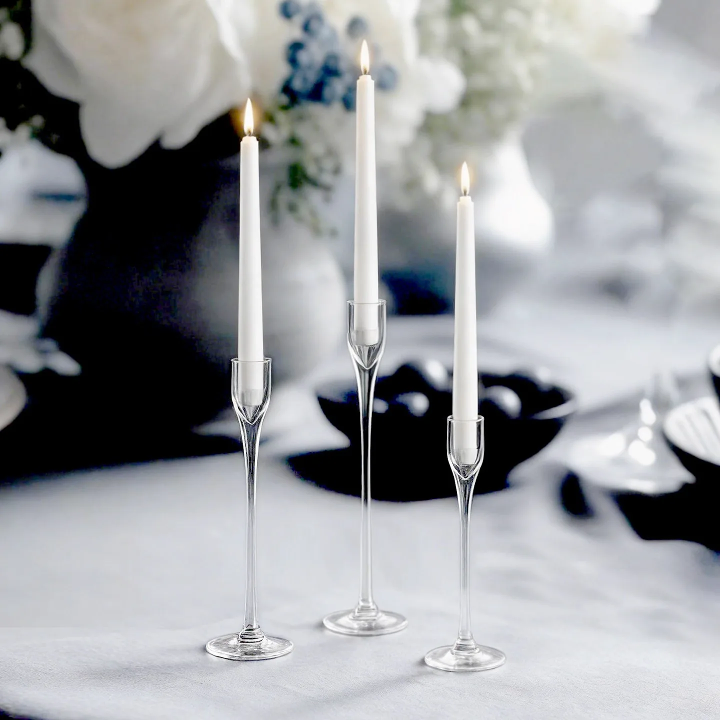 Tall Stem Glass Candle Holders Set, Clear Goblet‑Style Pillar Candle Holders for Wedding Dining Table Home Decor