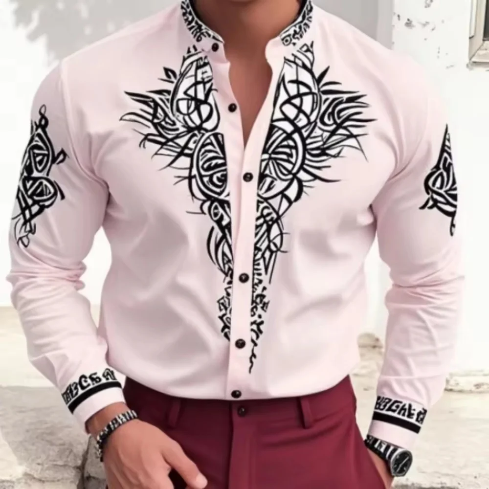 幾何学模様の花柄プリントが施された、新しいメンズラペルシャツ。アウトドアストリートファッションデザイン、カジュアルなハワイアン長袖シャツトップス。