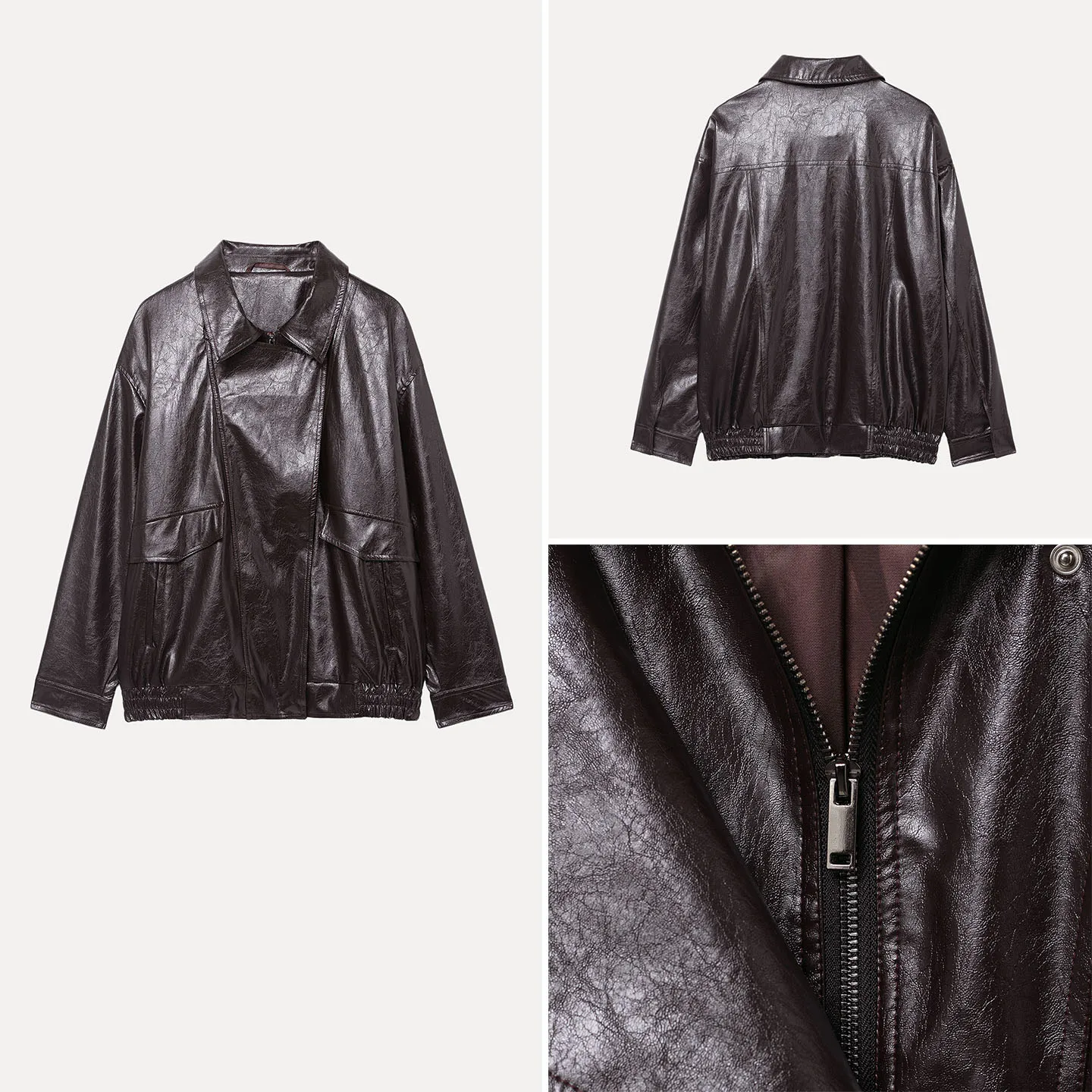 

2025 Autumn New Faionable Women's Biker Jaet with Stand Collar Coating Ele Sle Long Sve Zipper Closure Leather