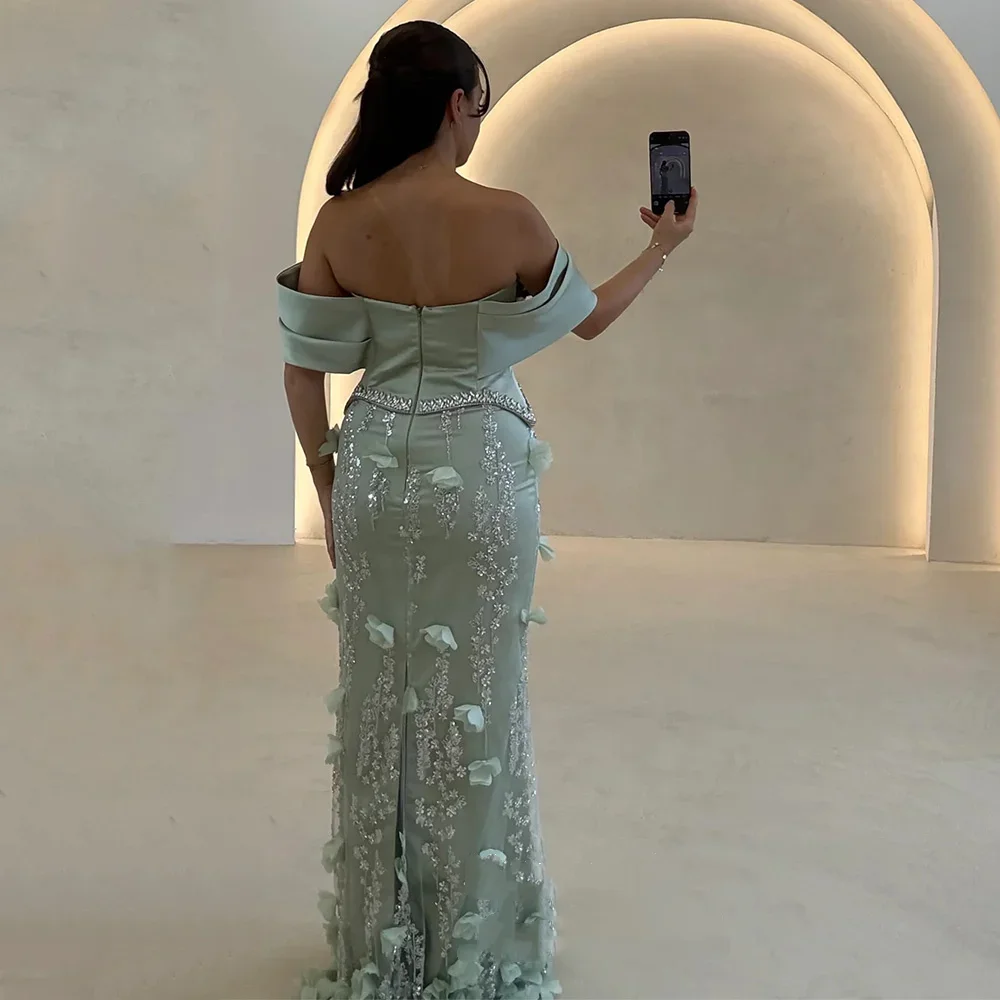 Abito da sera elegante a sirena con spalle scoperte, decalcomania 3D, abito da ballo con glitter in cristallo, abito da cerimonia nuziale personalizzato