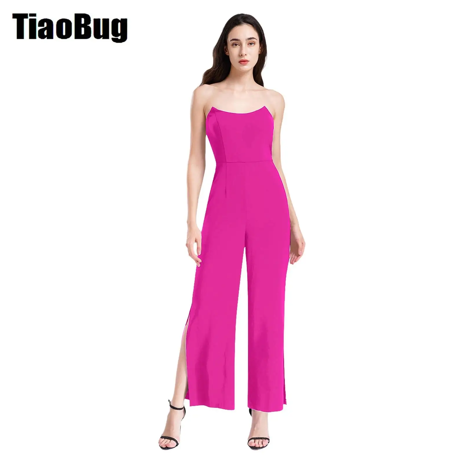 

Womens Elegant Strapless Bodysuit Romper High Waist Slit Wide Leg Long Pants One-piece Jumpsuit for Party Cocktail