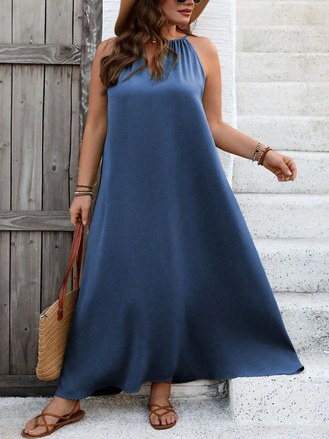 【Plus Size】 Plain Cut Out Tie Back Dress, Casual Sleeveless Keyhole Neckline Long Dress for Daily Wear, Women's Plus Clothing fo