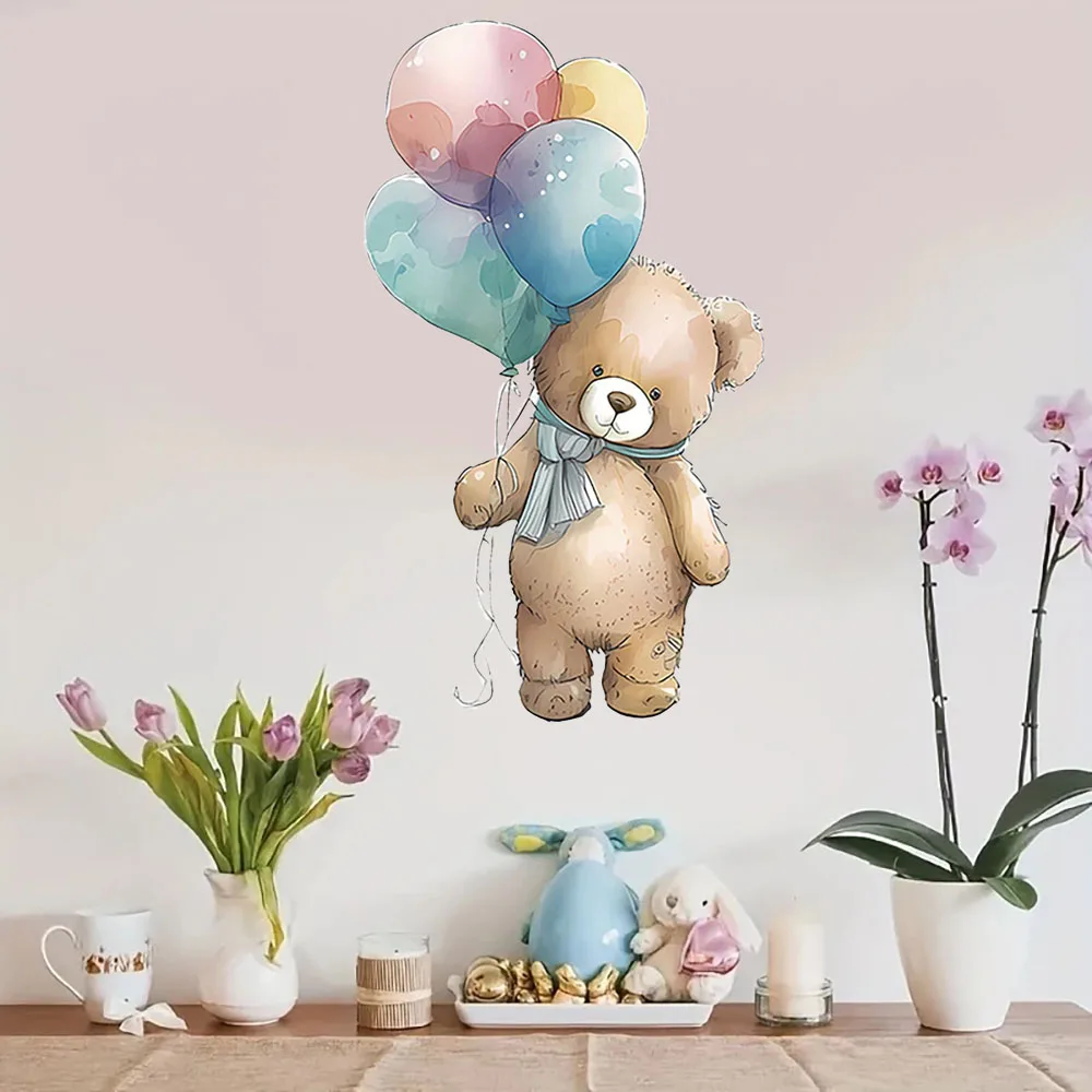 Watercolor Teddy Bear Balloon Wall Stickers, Pastel Nursery Decals for Kids Room