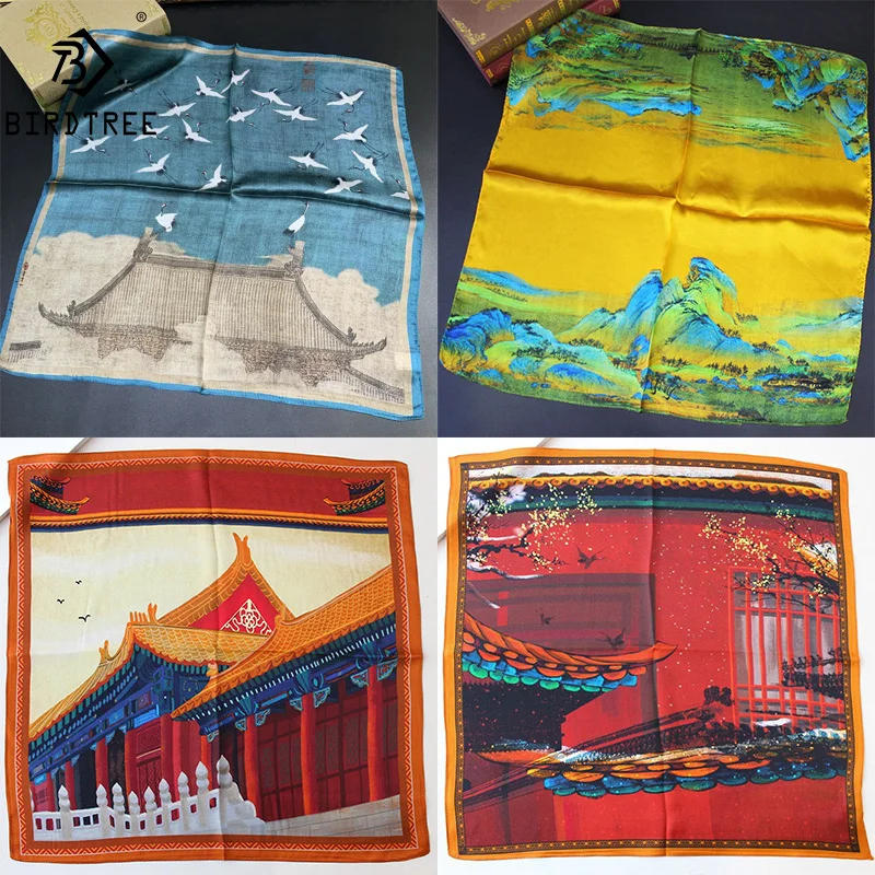 

Birdtree 100% натуральный шелк женский элегантный шарф в китайском стиле с художественным принтом 2024 Весенние новые шарфы офисный подарок женский платок A41429QM