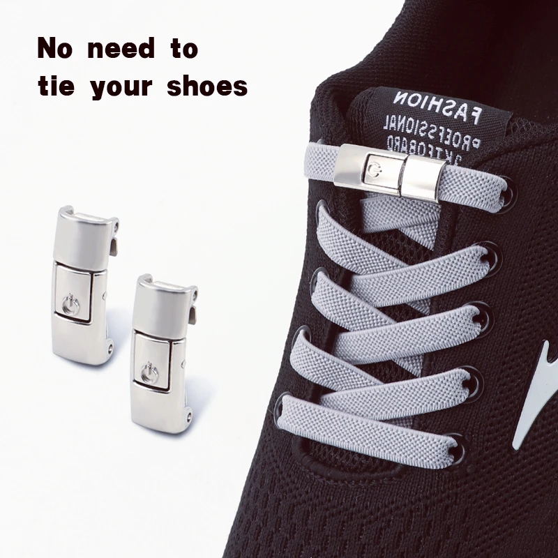 No Tie Shoelaces Flat Elastic Shoe Laces for Sneakers Press Buckle Lock Metal Switch Logo Shoelace for Kids Adults Quick Easy