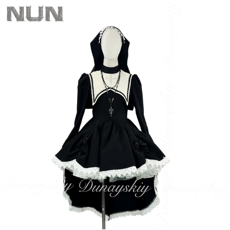 Disfraz de monja de Halloween con cruz bordada dulce y fresca de estilo oscuro, disfraz de actuación COS, disfraz de Cosplay de subcultura lleno de conjunto