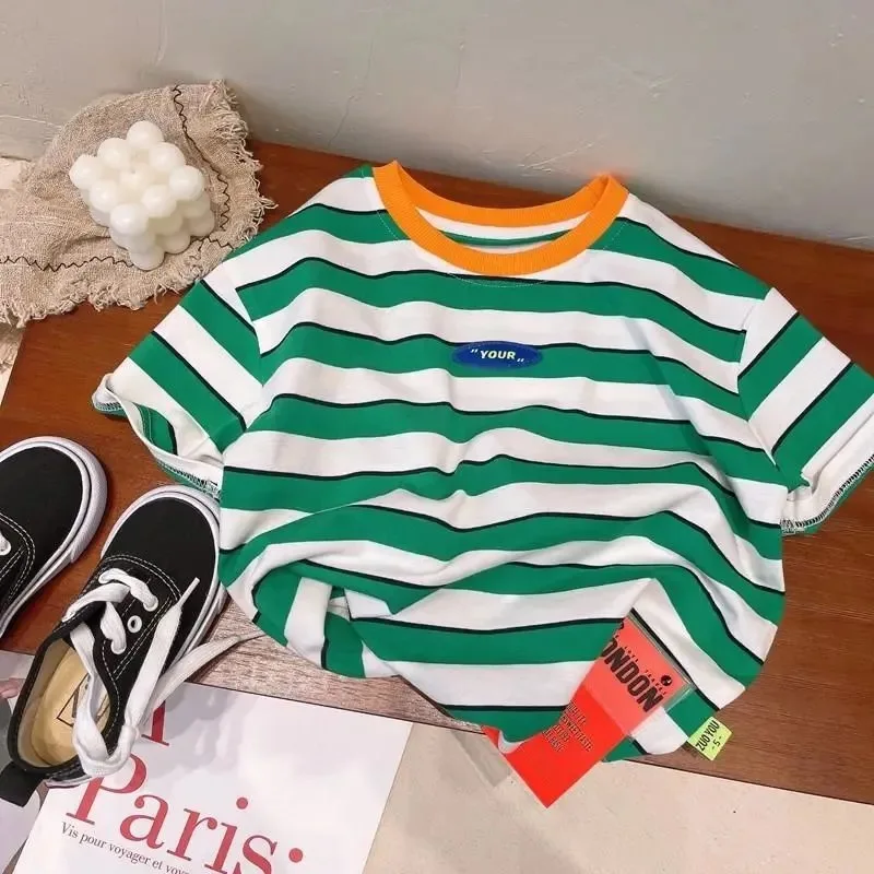 Camiseta a rayas de verano para bebés, Tops informales de manga corta, Tops finos de algodón con cuello redondo, camisetas de contraste para niños