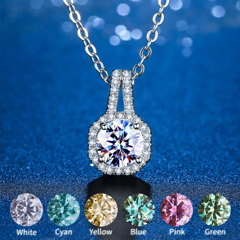 

Big Sale Moissanite Pendant Necklace 1CT 2CT Square Blue Green Pink Yellow White Diamond Necklace 40-45CM For Women S925 Silver