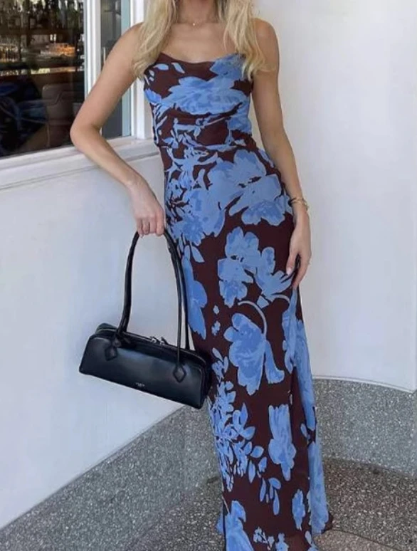 

Women's retro printed temperament sexy V-neck backless slim fit dress for summer 2025 new women's clothing