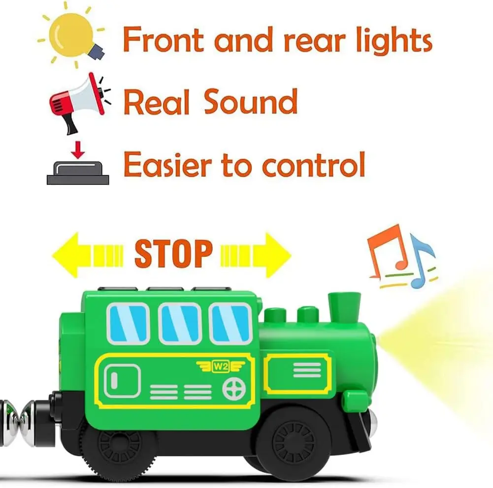 Treno motorizado para pista de madeira, trem locomotiva a pilhas, trem de controle remoto para conjunto de trilhos, trem de motor potente